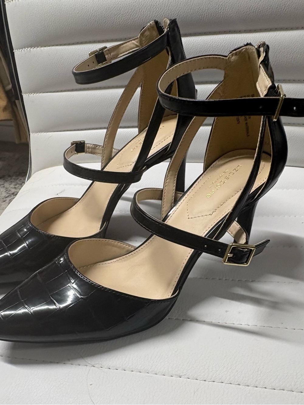 Liz Claiborne Black Croc-Embossed Pointed-Toe Ankle Strap Heels